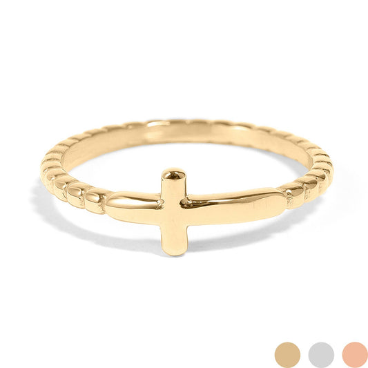 Stainless Steel Beaded Stackable Cross Ring: Gold / 8