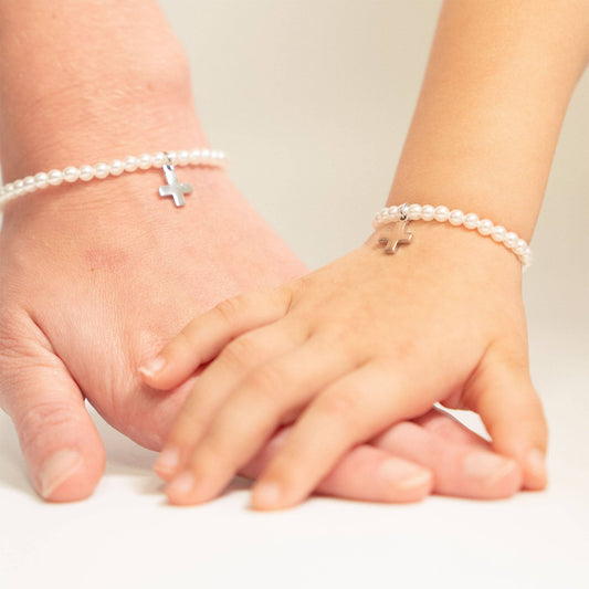 18K Gold PVD Cross Charm Pearl Beaded Bracelet: Stainless