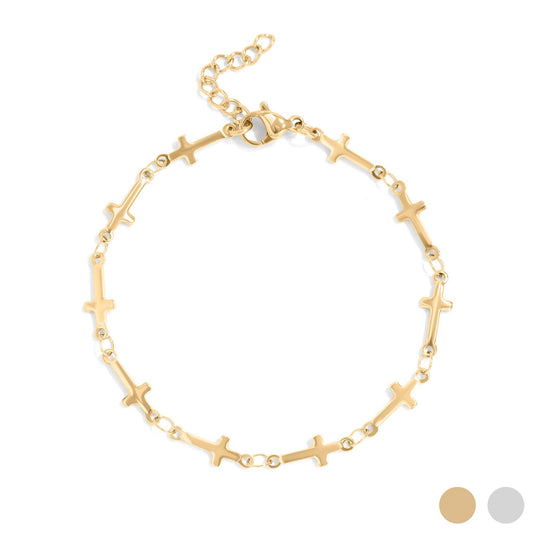18K Gold PVD Stainless Steel Cross Chain Bracelet: Stainless