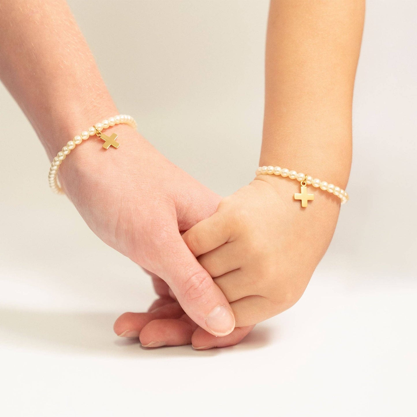 18K Gold PVD Cross Charm Pearl Beaded Bracelet: Stainless