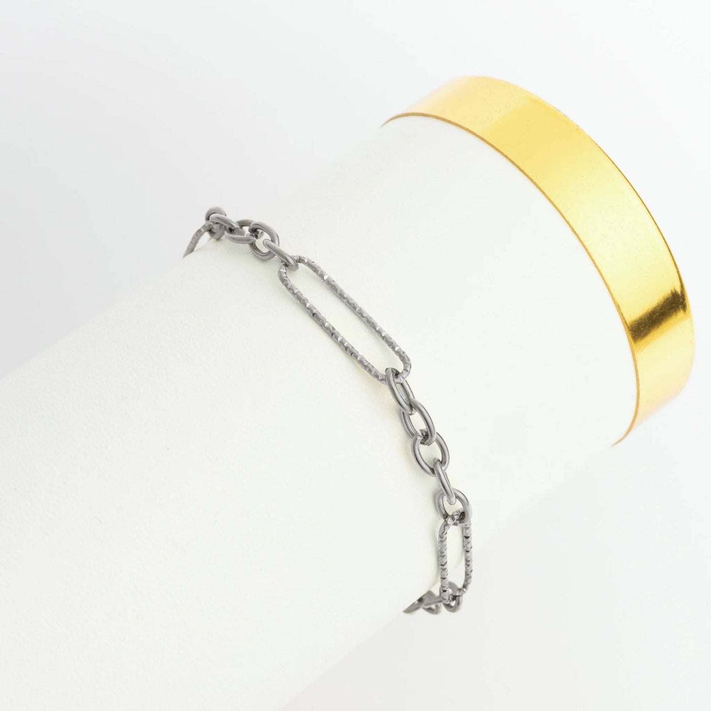 Gold Stainless Steel Long Paperclip Textured Chain Bracelet: Gold