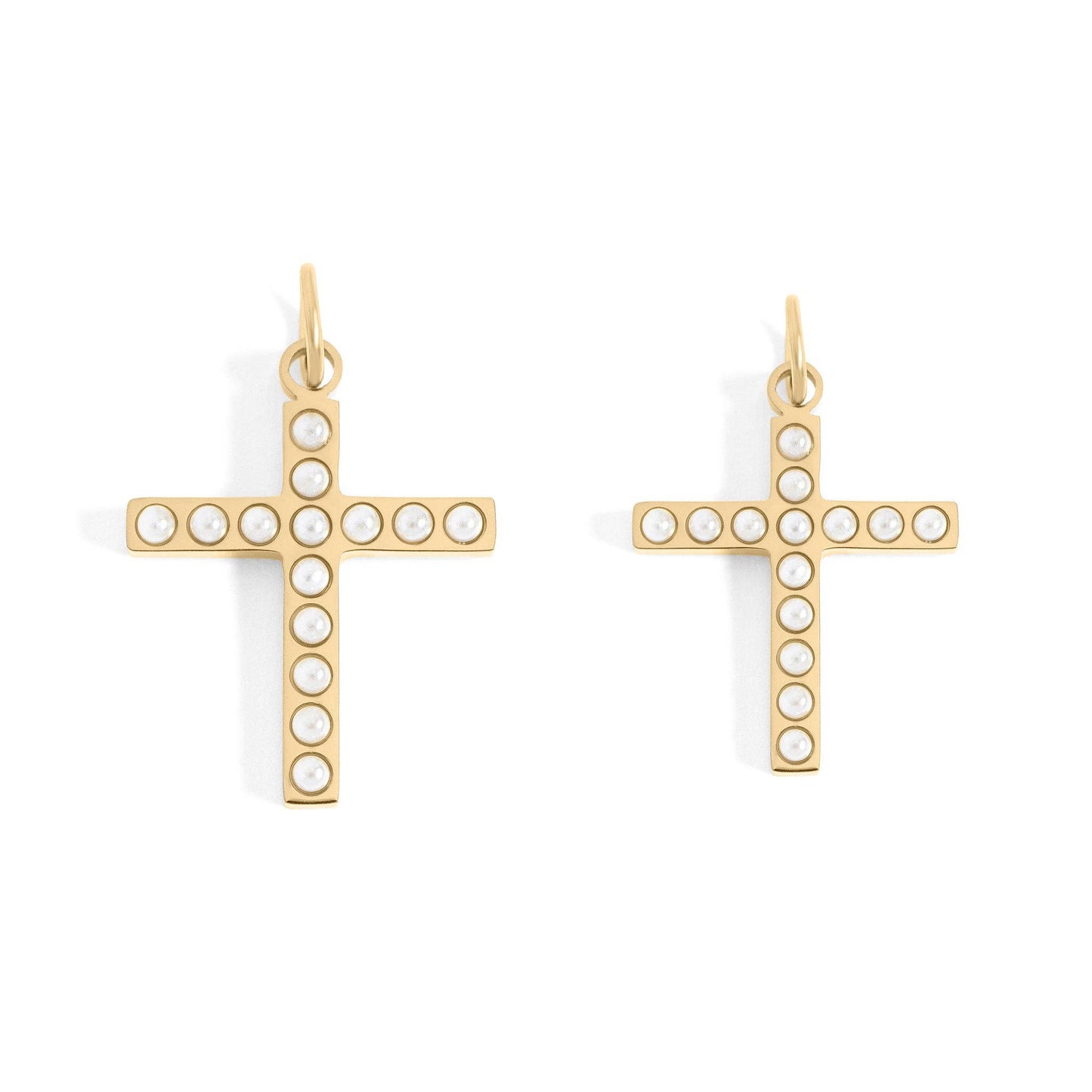 18K Gold PVD Stainless Steel Pearl Beaded Cross Charm: Gold / 15mm