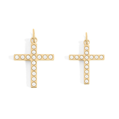 18K Gold PVD Stainless Steel Pearl Beaded Cross Charm: Gold / 15mm