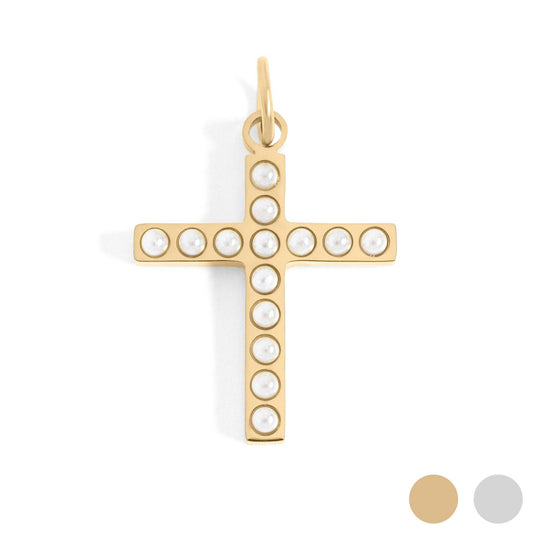 18K Gold PVD Stainless Steel Pearl Beaded Cross Charm: Gold / 15mm
