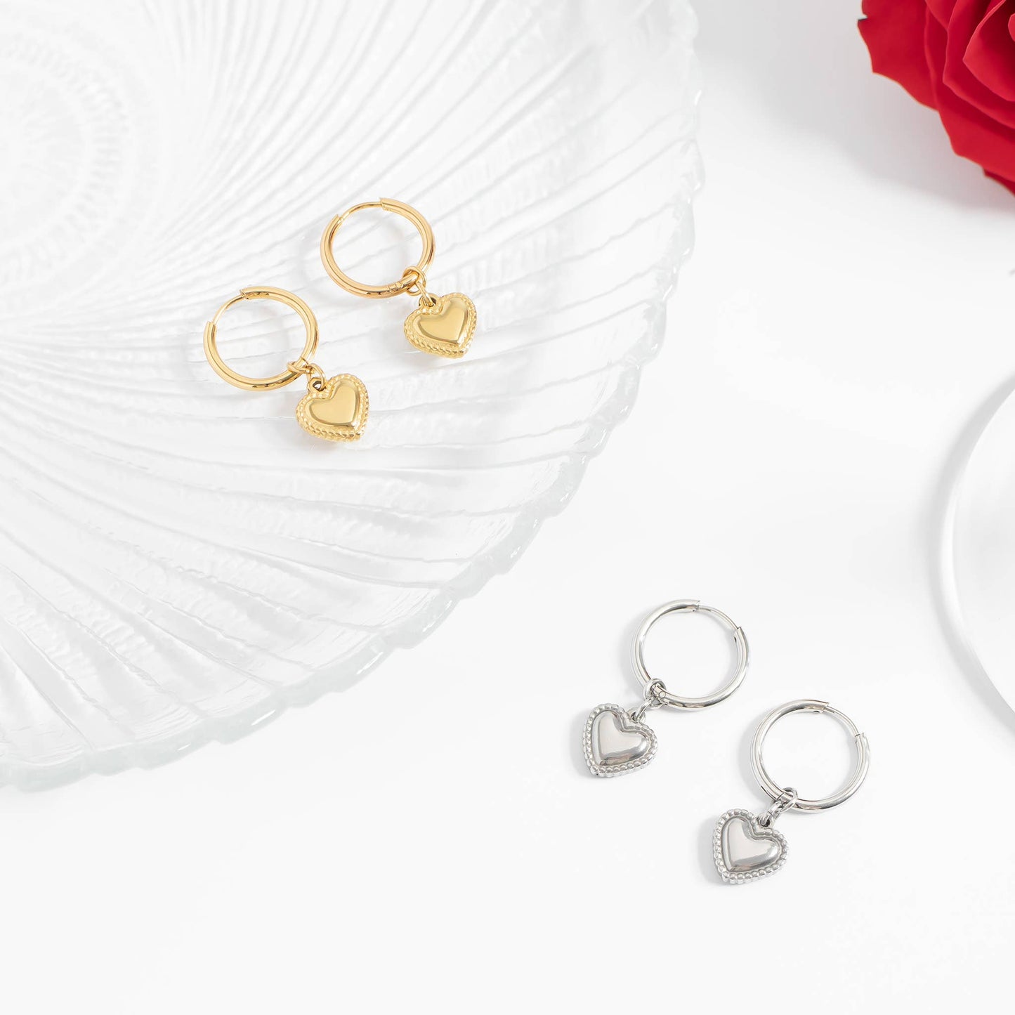 18K Gold PVD Stainless Steel Heart Pendant Hoop Earrings: Gold / 15mm