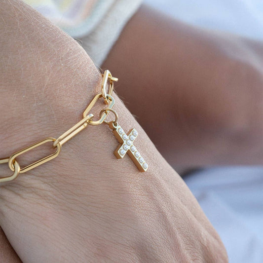 18K Gold PVD Stainless Steel Pearl Beaded Cross Charm: Gold / 15mm