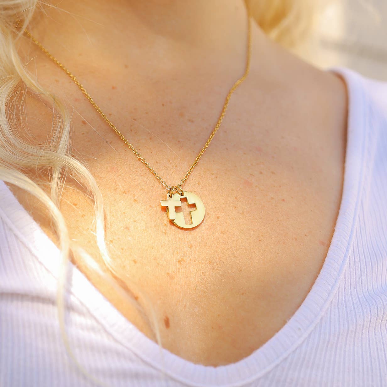 Stainless Steel Cutout 2 Piece Cross Necklace: Gold