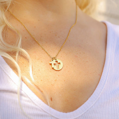 Stainless Steel Cutout 2 Piece Cross Necklace: Gold