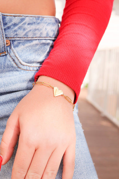 18K PVD Coated Stainless Steel Paperclip Heart Bracelet: Gold / 7+1"