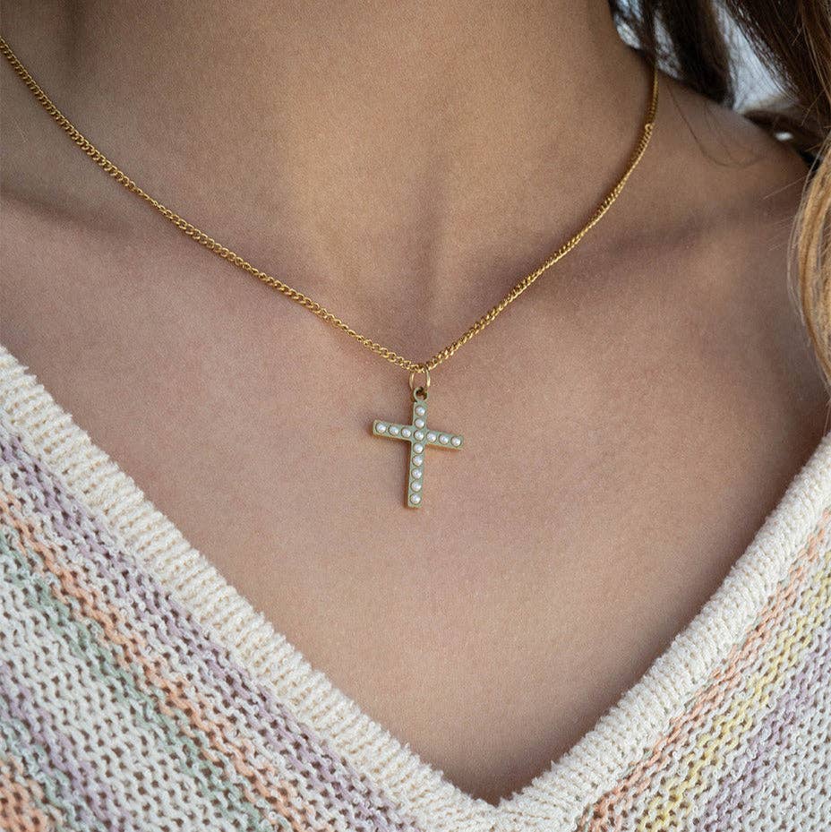 18K Gold PVD Stainless Steel Pearl Beaded Cross Charm: Gold / 15mm
