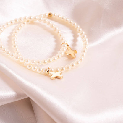 18K Gold PVD Cross Charm Pearl Beaded Bracelet: Stainless