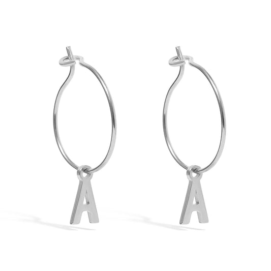 18K Gold PVD Stainless Steel Mini Hoop Initial Earrings: Stainless / E