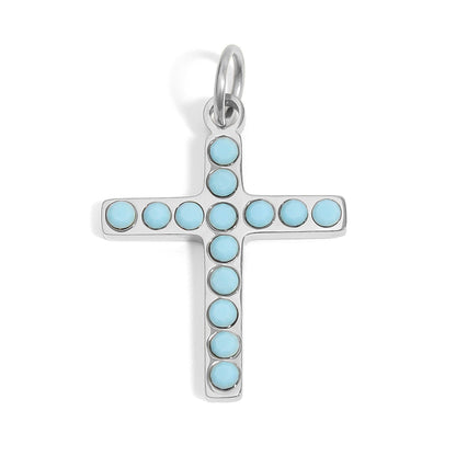 18K Gold PVD Stainless Steel Turquoise Stone Cross Charm: Gold / 15mm