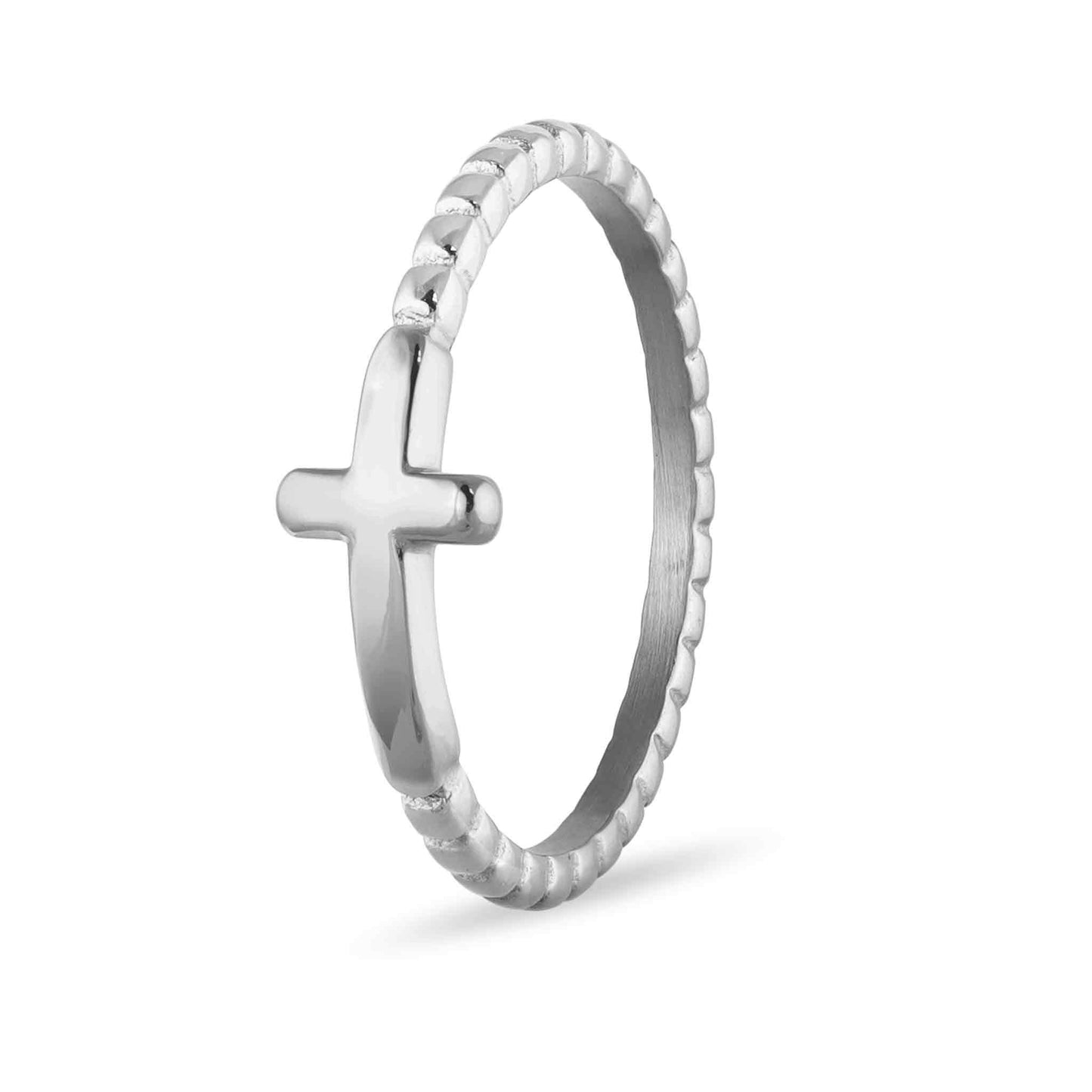 Stainless Steel Beaded Stackable Cross Ring: Stainless / 8
