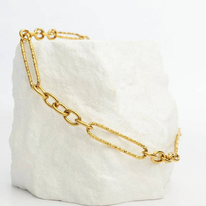 Gold Stainless Steel Long Paperclip Textured Chain Bracelet: Gold