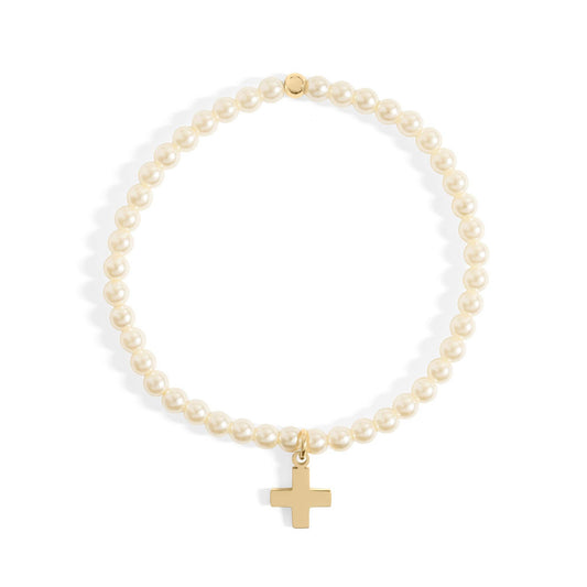 18K Gold PVD Cross Charm Pearl Beaded Bracelet: Stainless