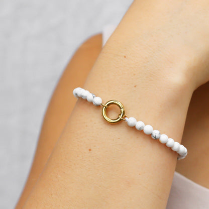 18K Gold PVD Stainless Steel Semi Precious Natural Stone Charm Keeper Bracelet: Gold / Turquoise