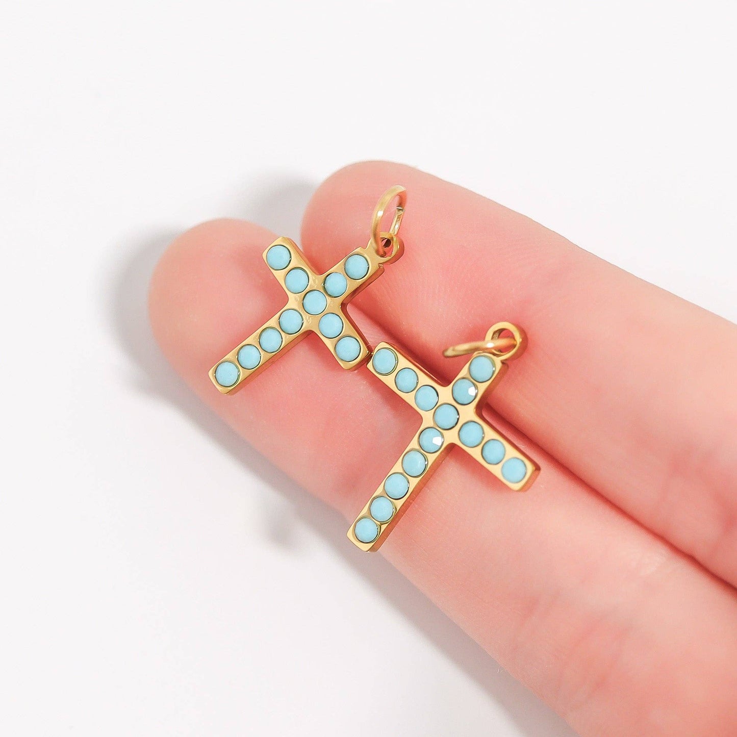 18K Gold PVD Stainless Steel Turquoise Stone Cross Charm: Gold / 15mm