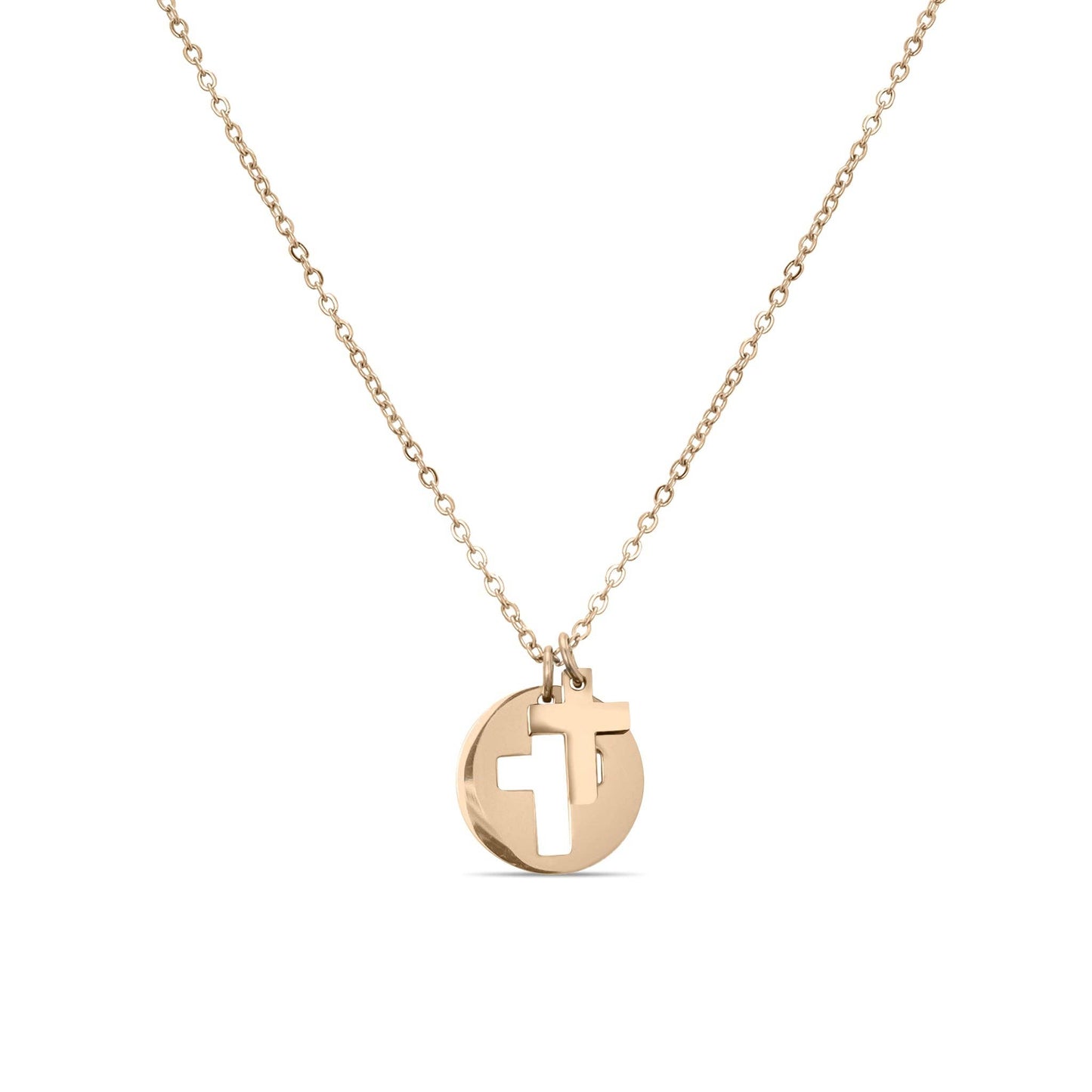 Stainless Steel Cutout 2 Piece Cross Necklace: Rose Gold