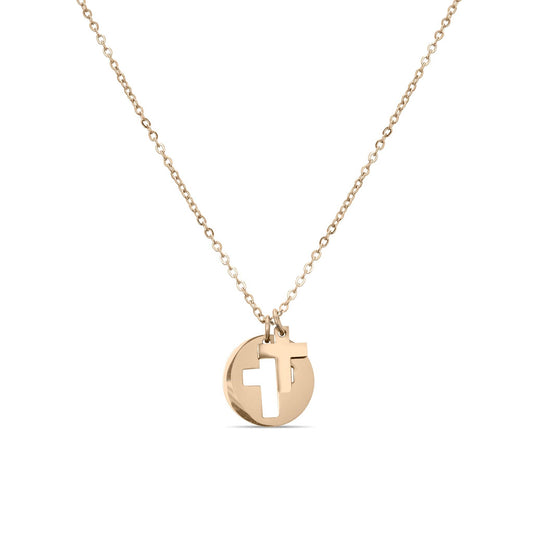 Stainless Steel Cutout 2 Piece Cross Necklace: Rose Gold