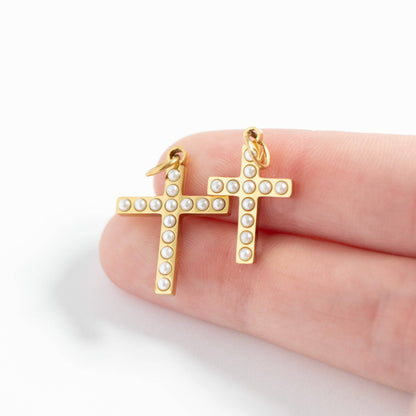 18K Gold PVD Stainless Steel Pearl Beaded Cross Charm: Gold / 15mm
