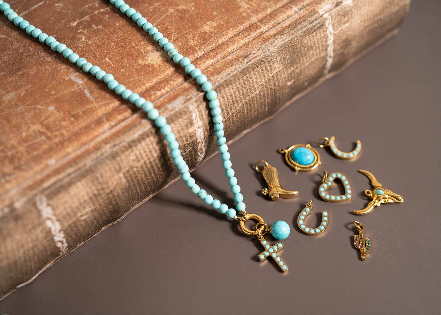 18K Gold PVD Stainless Steel Turquoise Stone Cross Charm: Gold / 15mm
