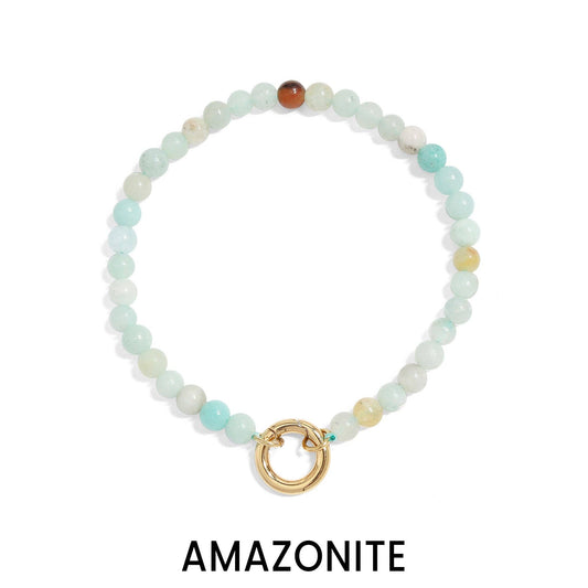 18K Gold PVD Stainless Steel Semi Precious Natural Stone Charm Keeper Bracelet: Gold / Amazonite