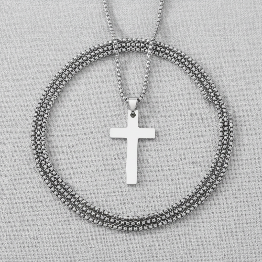 Stainless Steel Box Chain Cross Necklace: Stainless / 40mm