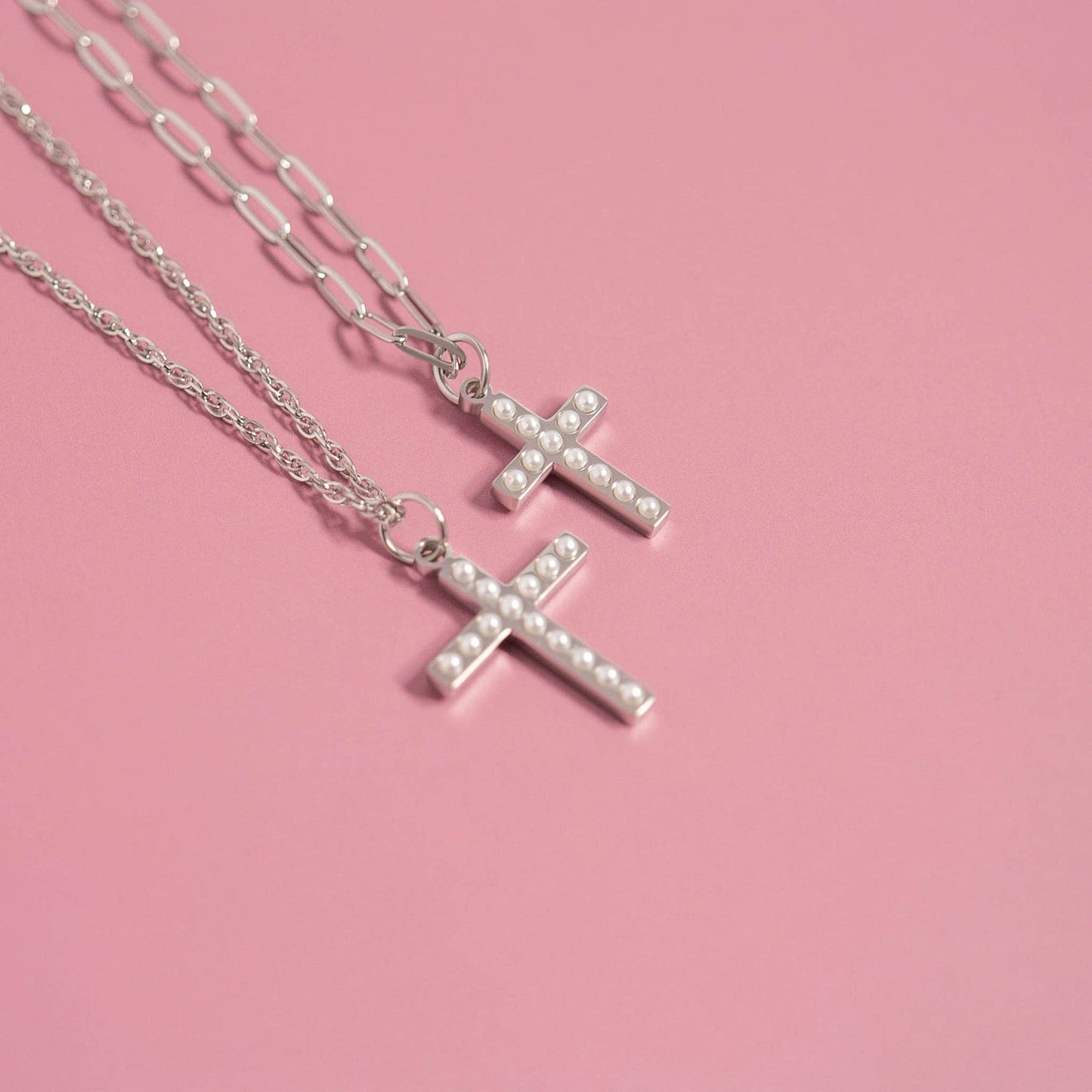 18K Gold PVD Stainless Steel Pearl Beaded Cross Charm: Gold / 15mm