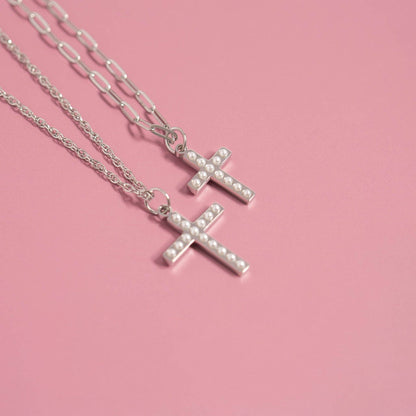18K Gold PVD Stainless Steel Pearl Beaded Cross Charm: Gold / 15mm