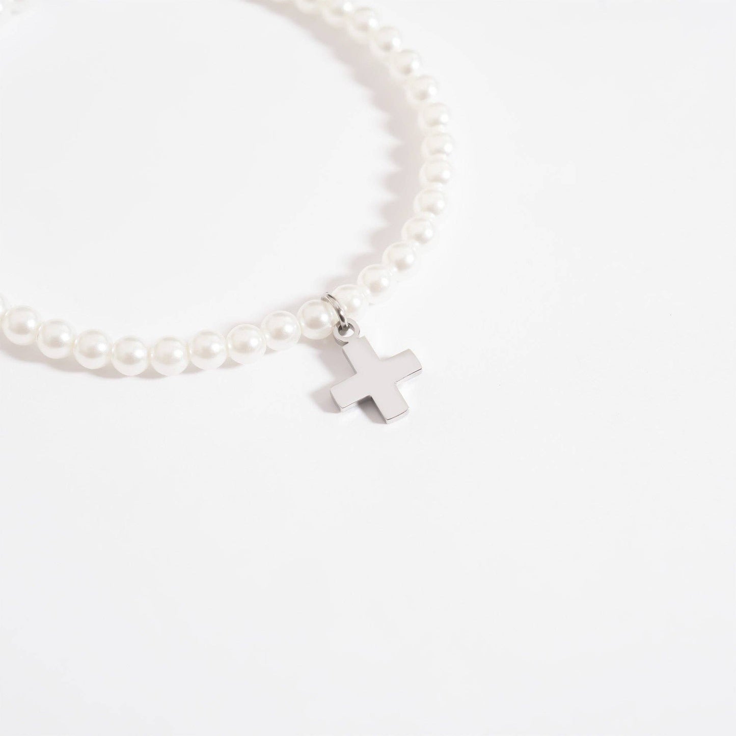 18K Gold PVD Cross Charm Pearl Beaded Bracelet: Stainless