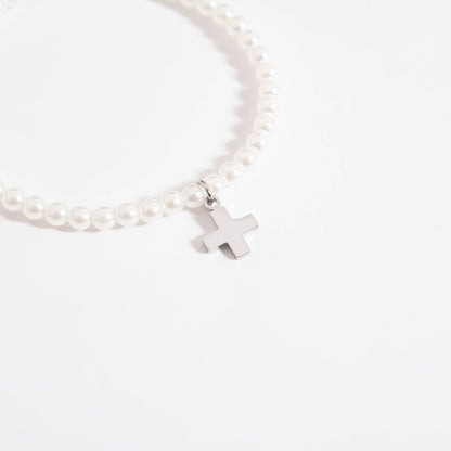 18K Gold PVD Cross Charm Pearl Beaded Bracelet: Stainless