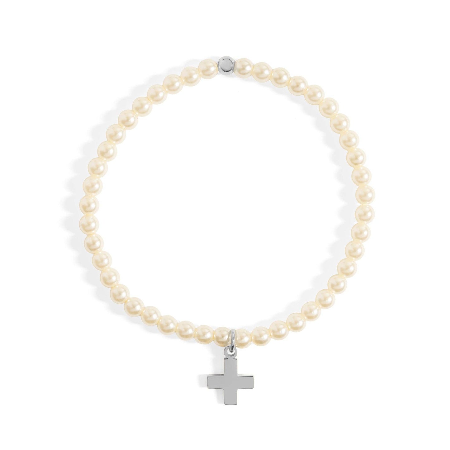 18K Gold PVD Cross Charm Pearl Beaded Bracelet: Stainless