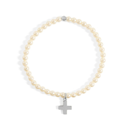 18K Gold PVD Cross Charm Pearl Beaded Bracelet: Stainless