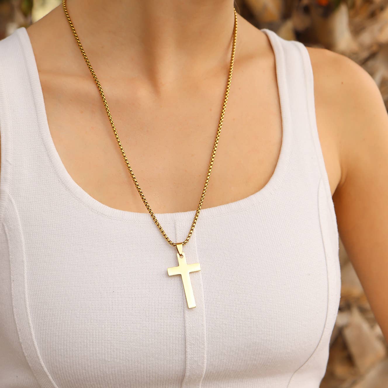 Stainless Steel Box Chain Cross Necklace: Stainless / 40mm