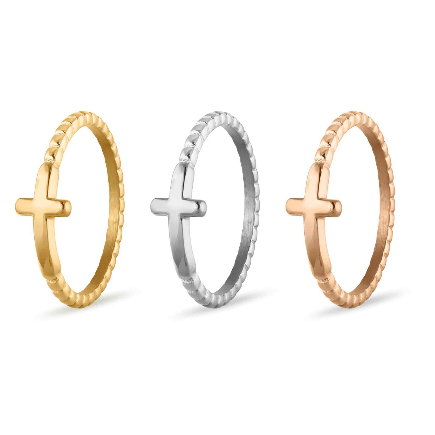 Stainless Steel Beaded Stackable Cross Ring: Stainless / 8