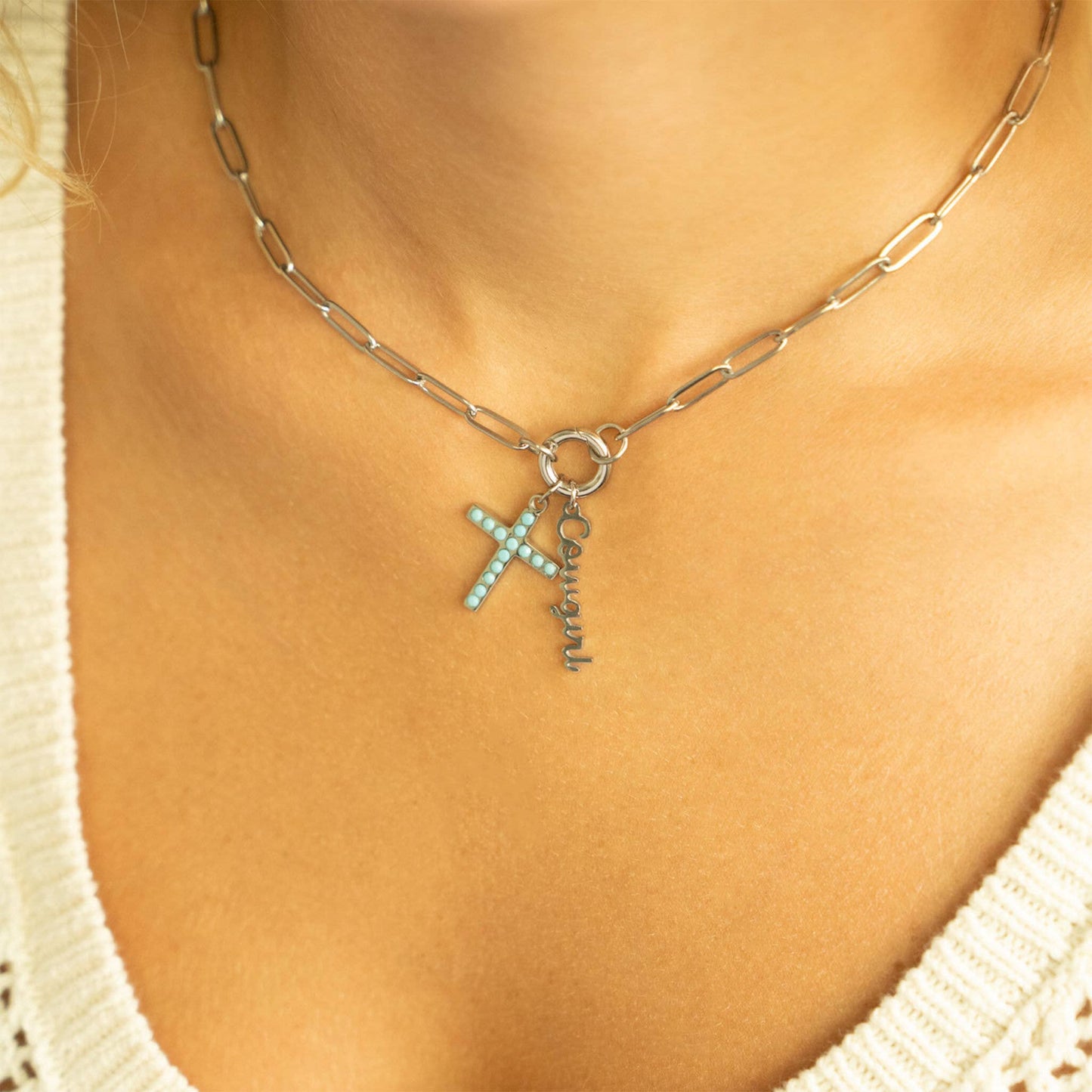 18K Gold PVD Stainless Steel Turquoise Stone Cross Charm: Gold / 15mm