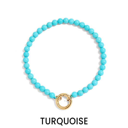 18K Gold PVD Stainless Steel Semi Precious Natural Stone Charm Keeper Bracelet: Gold / Turquoise