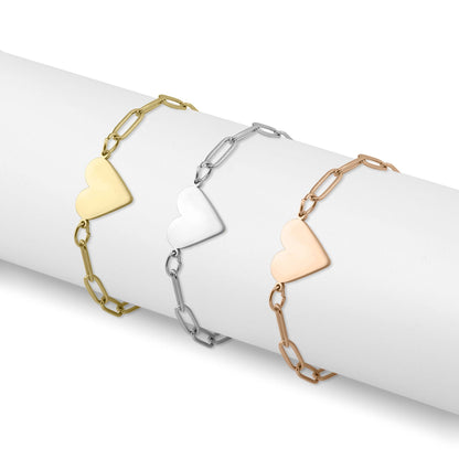 18K PVD Coated Stainless Steel Paperclip Heart Bracelet: Gold / 7+1"