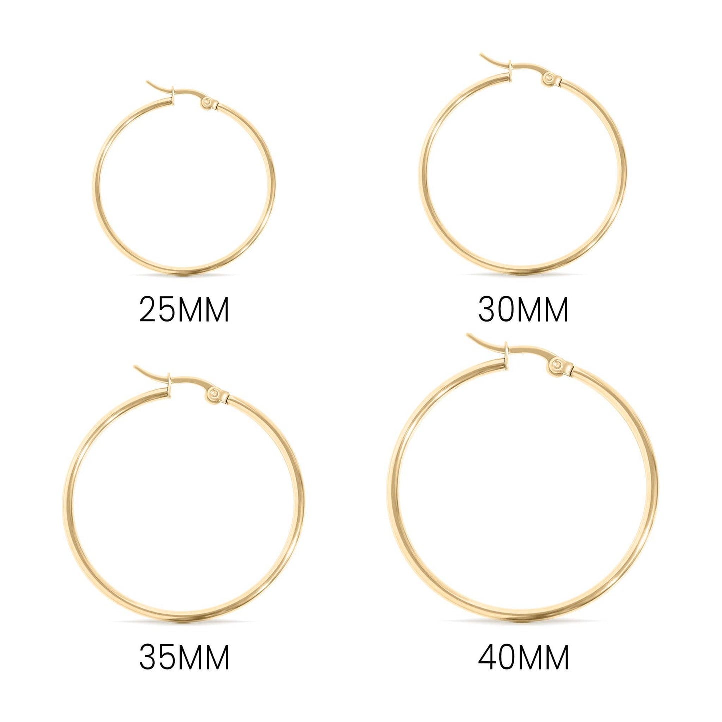 18K Gold PVD Stainless Steel Round Tube Hoop Earrings: Gold / 25mm