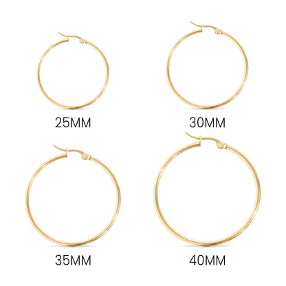 18K Gold PVD Stainless Steel Round Tube Hoop Earrings: Gold / 25mm