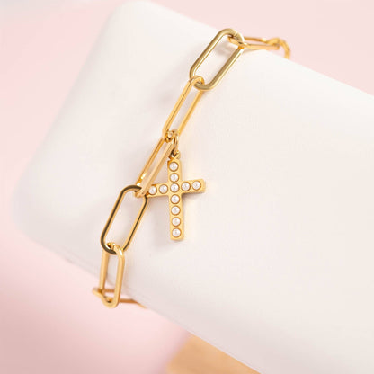 18K Gold PVD Stainless Steel Pearl Beaded Cross Charm: Gold / 15mm