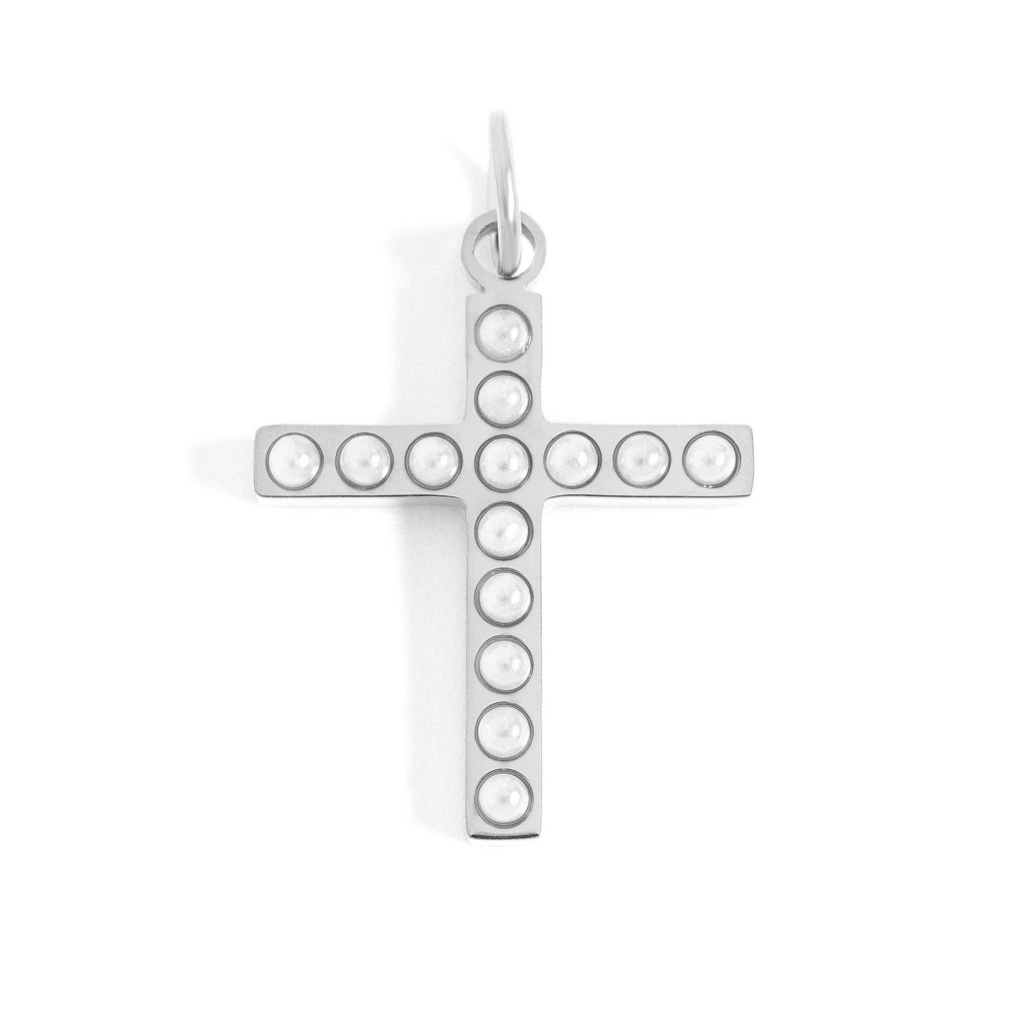 18K Gold PVD Stainless Steel Pearl Beaded Cross Charm: Gold / 15mm