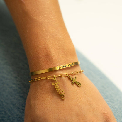 18K Gold PVD You Make a Difference Engraved Bangle Bracelet: Gold