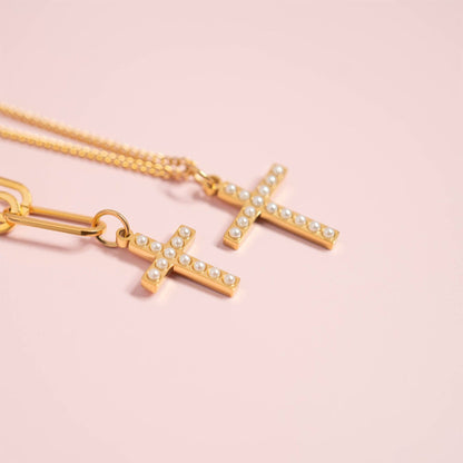 18K Gold PVD Stainless Steel Pearl Beaded Cross Charm: Gold / 15mm