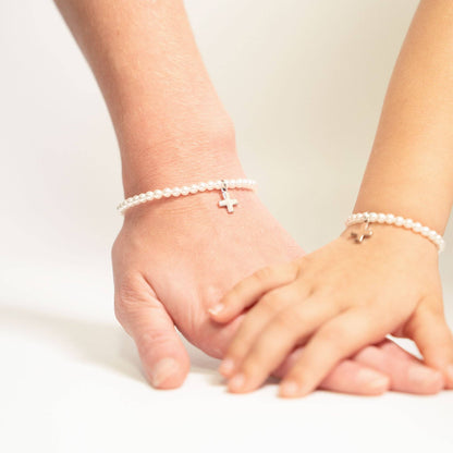 18K Gold PVD Cross Charm Pearl Beaded Bracelet: Stainless