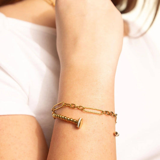 Gold Stainless Steel Long Paperclip Textured Chain Bracelet: Gold