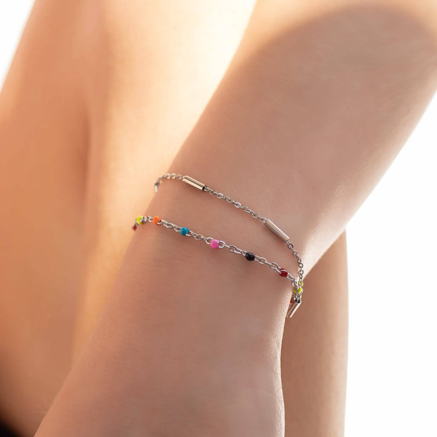 18K Gold PVD Stainless Steel Satellite Bar Chain Bracelet: Gold