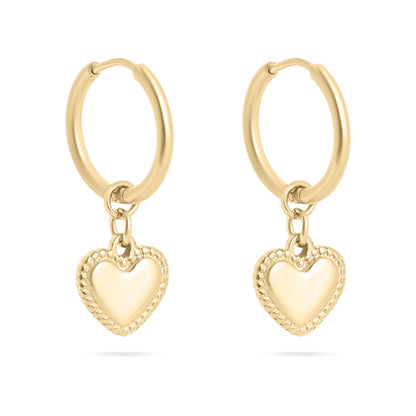 18K Gold PVD Stainless Steel Heart Pendant Hoop Earrings: Gold / 15mm
