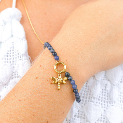 18K Gold PVD Stainless Steel Semi Precious Natural Stone Charm Keeper Bracelet: Gold / Amazonite